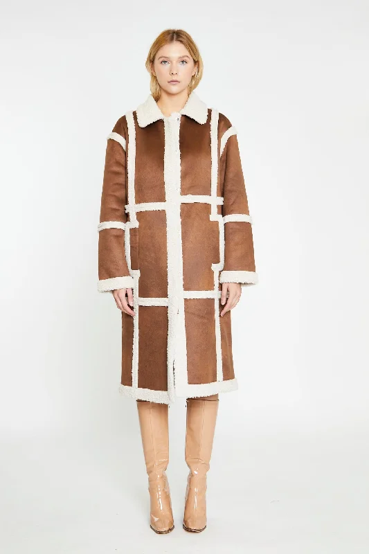 Tan-Cream Shearling Midi-Coat