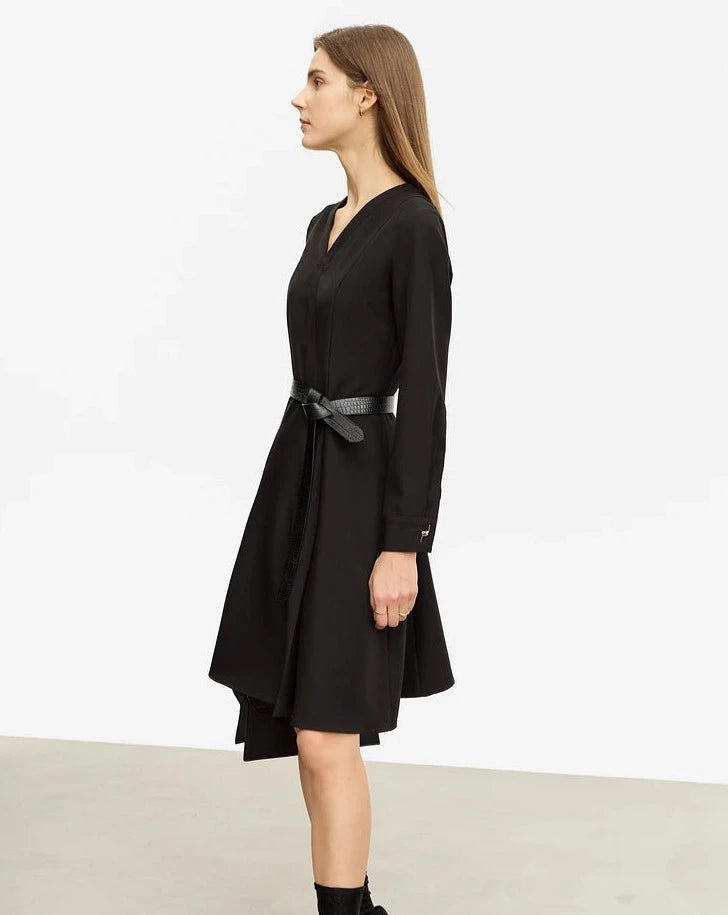 Long Sleeve A-Line, V-Neck Black Dress