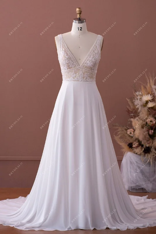 Boho Shimmery Lace V-neck Chiffon Wedding Dress