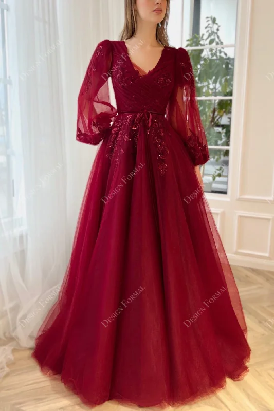 Burgundy Sequin Tulle Custom V-neck A-line Formal Dress