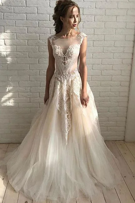 Elegant A Line Tulle Lace Long Prom Dresses,Unique Wedding Dress DME32