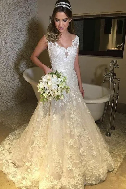 Elegant Tulle V-neck Sweep Train A-line Lace Long Wedding Dresses DMD16