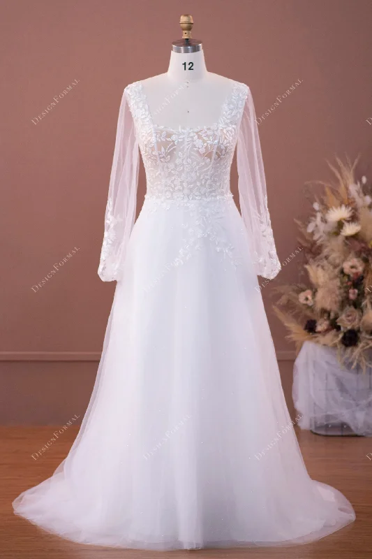 Illusion Long Sleeve Lace Shimmery Tulle Wedding Dress