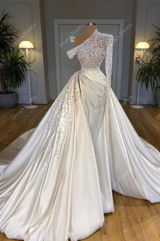 Luxury Designer Pearls One Sleeve Satin Unique Overskirt Wedding Dress