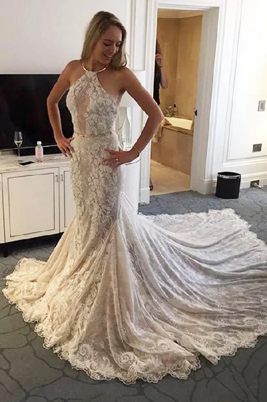 New Arrival Elegant Halter Mermaid Lace Sleeveless Wedding Dress with Sash DME31