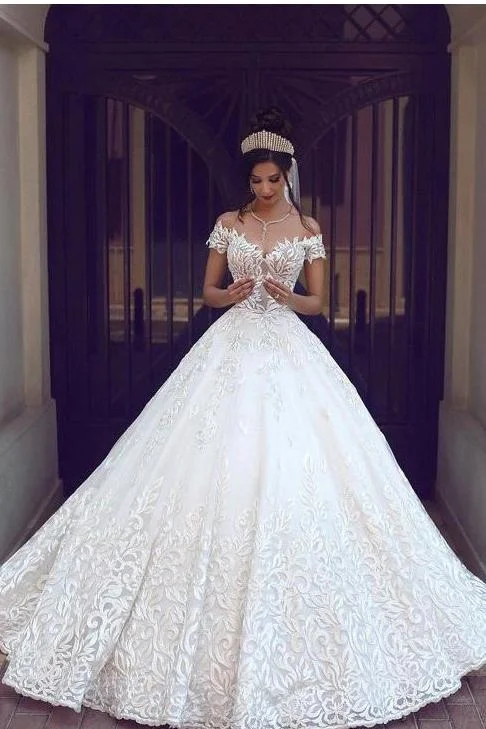 Off the Shoulder Short Sleeve Lace Ball Gown Wedding Dress DM870