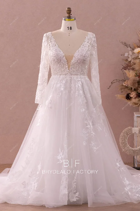 Plus Size Sheer Sleeve Plunging Beaded Lace Outdoor Wedding Dress