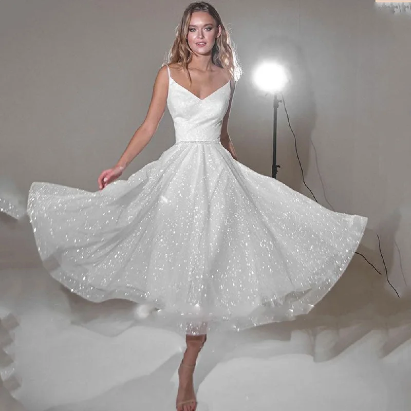 Cinessd Back to school outfit Shining Glitter Wedding Dress Women Puff Long Sleeves Pleats Sweetheart Tea Length Bridal Gowns Custom Made Garden Civil Wedding