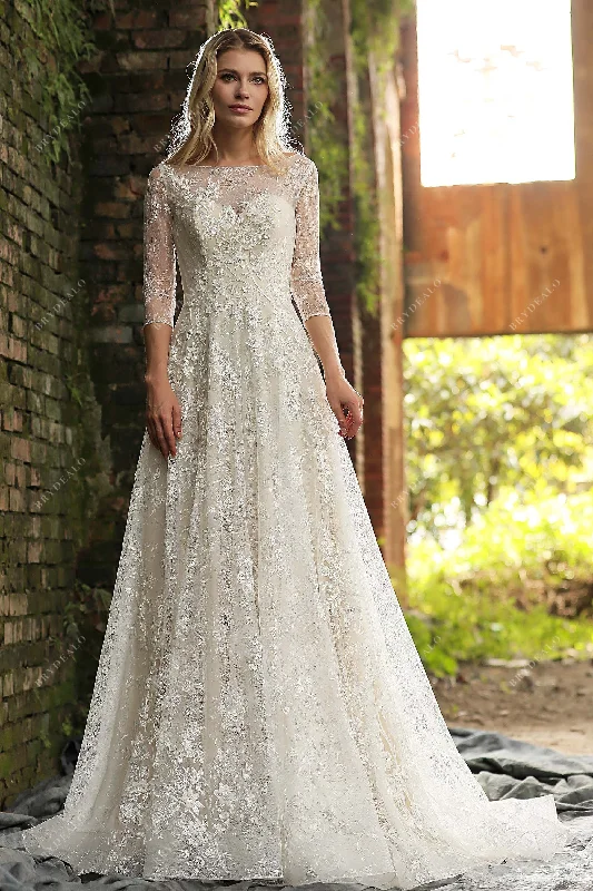 Three-Quarter Sleeve Floral Lace Champagne Destination Wedding Dress