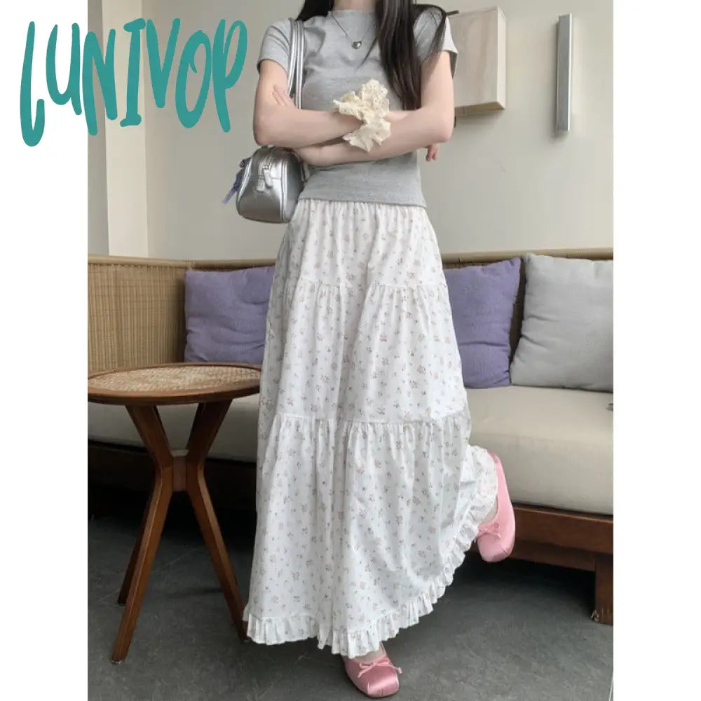 Lunivop 90s fashion Sweet Floral Wooden Ear Cake Skirt Women's Summer Skirt Slimming High Waist A- line Skirt Mid-Length Umbrella Skirt