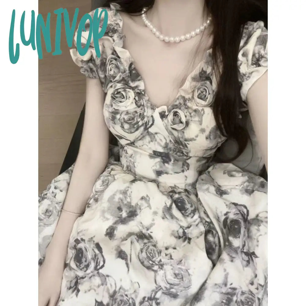 Lunivop harajuku fashion dress to impress Ink Rose Three-Dimensional Flower Pettiskirt Women's Summer 2024 New French Style Small Waist-Tight Temperament Dress