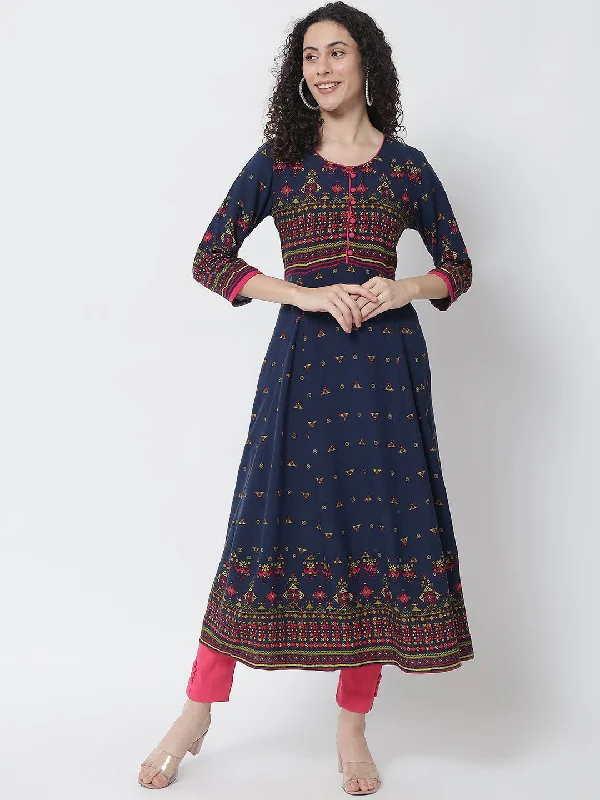 NOZ2TOZ Blue Ethnic Motifs Printed Block Print Anarkali Kurta