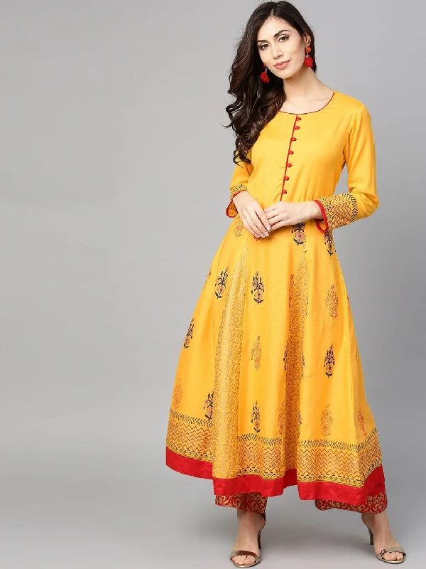 NOZ2TOZ Yellow Ethnic Motifs Thread Work Block Print Anarkali Kurta