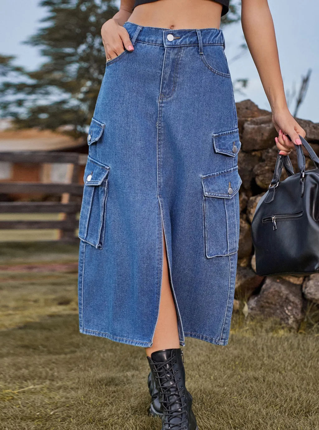 ELASTIC WAIST DENIM CASUAL LONG SKIRT