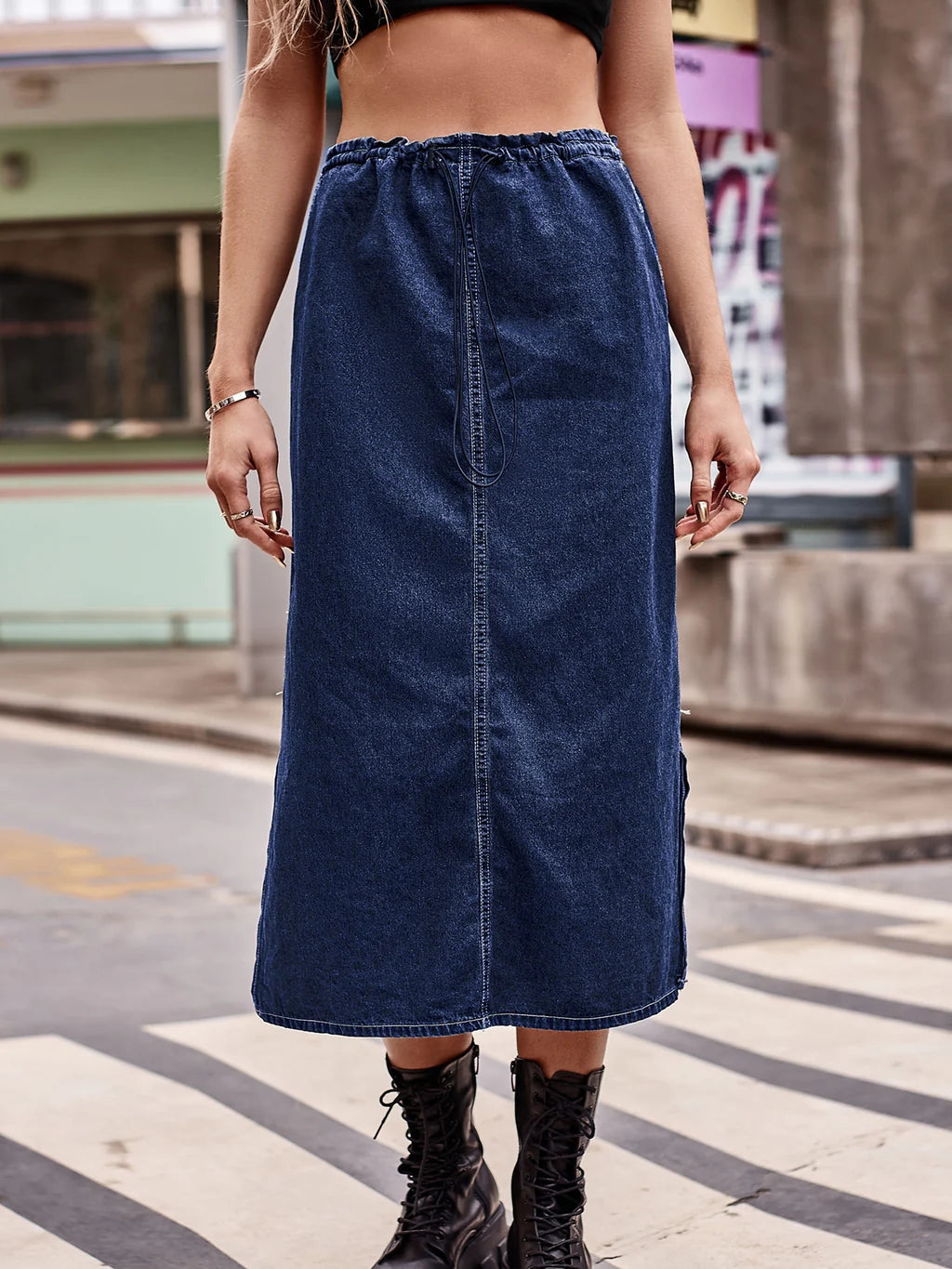 ELASTIC WAIST DRAWSTRING DENIM SKIRT