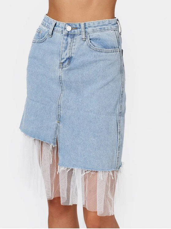 Fashion High Waisted Voile Panel Denim Skirt