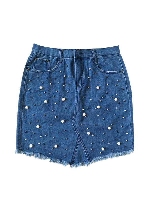 Women Denim Skirt Pearl Beading Jeans Skirt