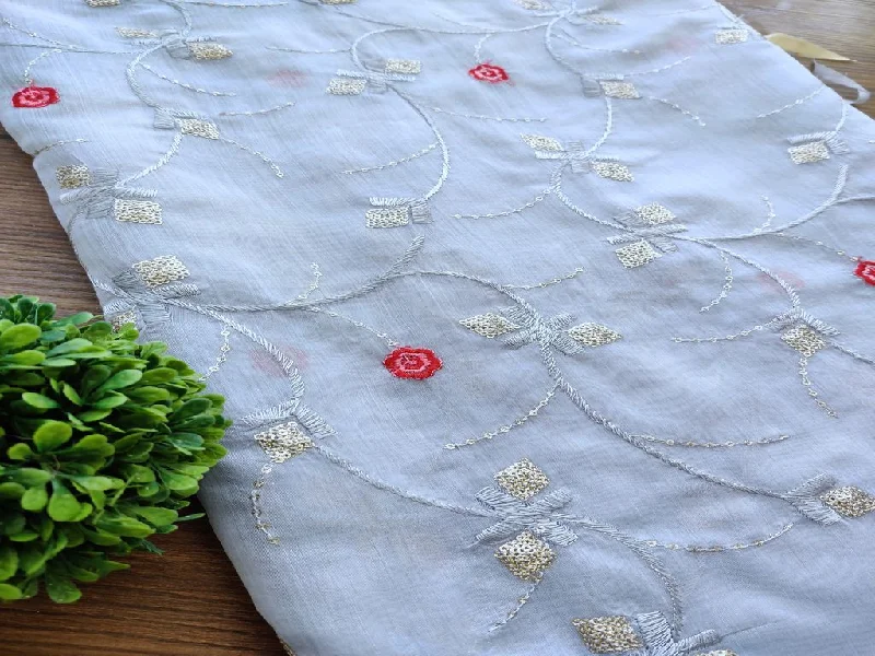 Slate Gray Thread & Sequins Embroidered Flowers Chanderi Fabric