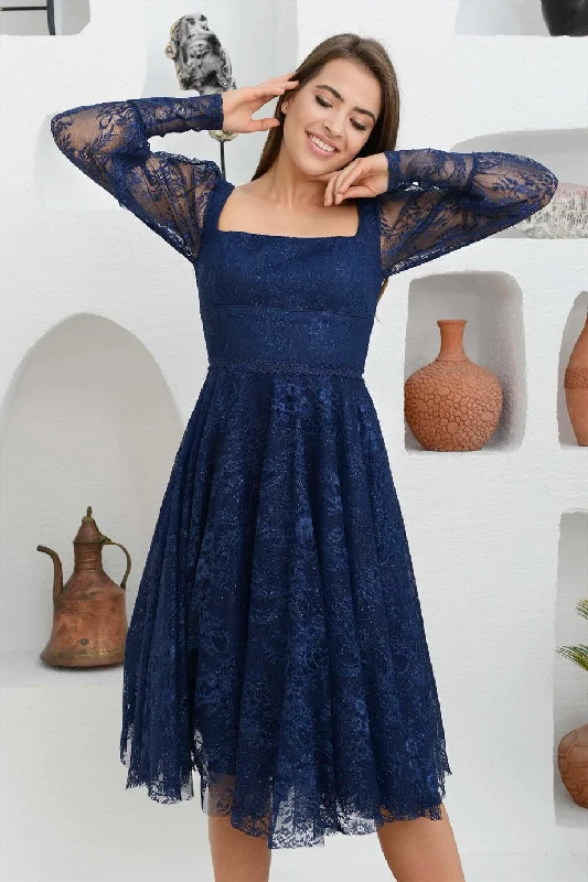 Angelino Navy blue Lace Square Collar Engagement Dress Dress