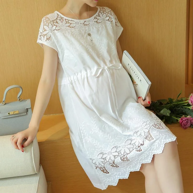 Maternity Clothes - Hollow Lace White Dress for Pregnant Women