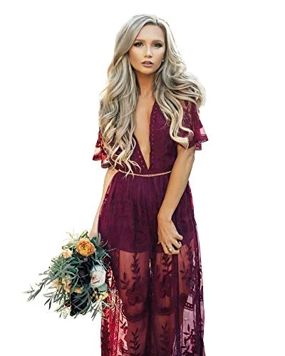 Women's Deep V-Neck Lace Romper Short Sleeve Long Dress