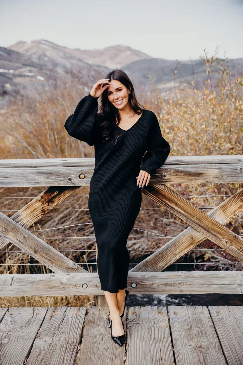 Romee Sweater Dress in Black- Misses, Plus and Extended Plus (S-4X)