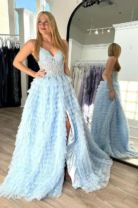 A-Line V Neck Blue Ruffle Tiered Tulle Long Prom Dress with Appliques