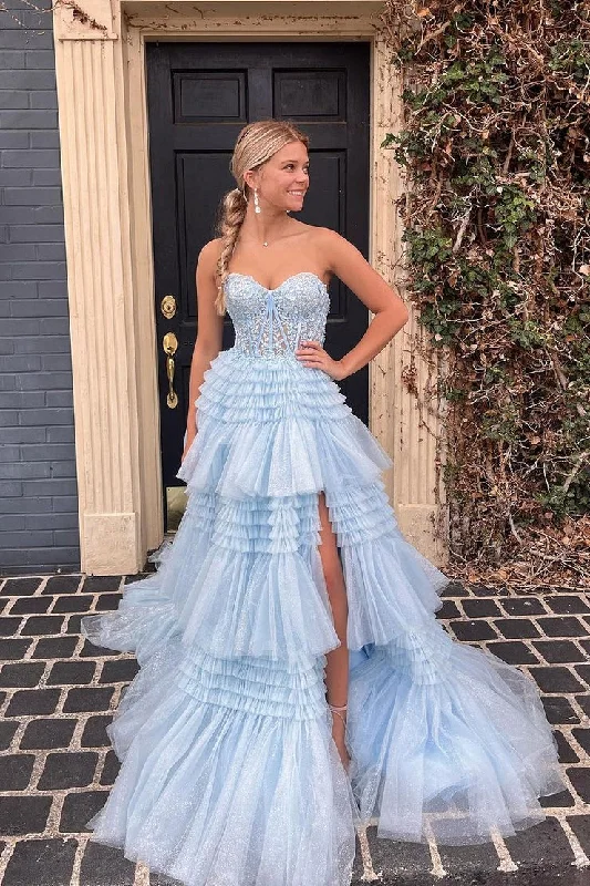 Strapless A Line Blue Ruffle Tiered Tulle Long Prom Dress with Appliques