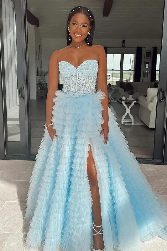 Strapless A Line Ruffle Tiered Tulle Long Prom Dresses