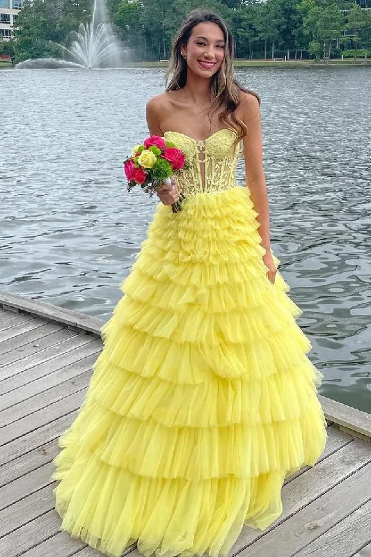 Strapless A Line Yellow Ruffle Tiered Tulle Long Prom Dress with Appliques