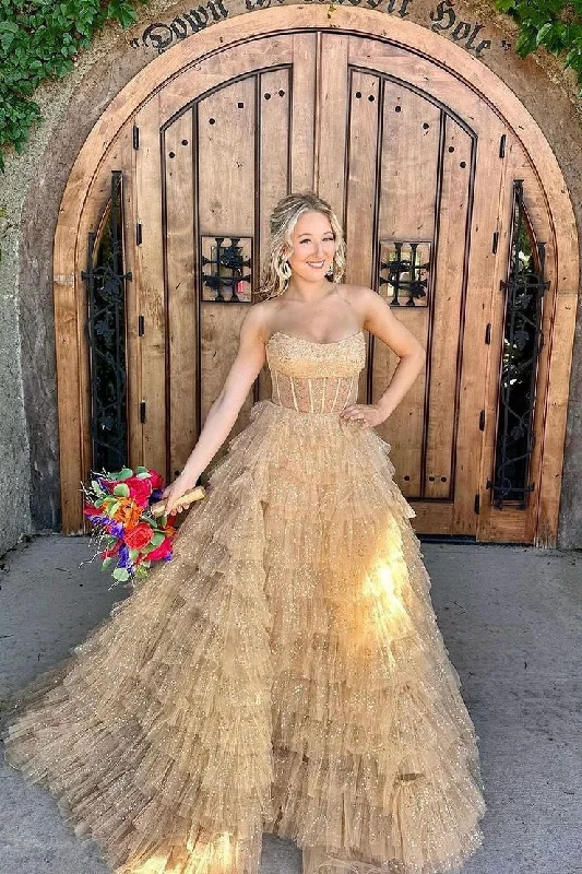 Strapless Ball Gown Gold Tiered Tulle Long Prom Dress