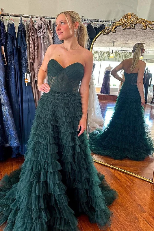 Strapless Dark Green Ruffle Tiered Tulle Prom Dress