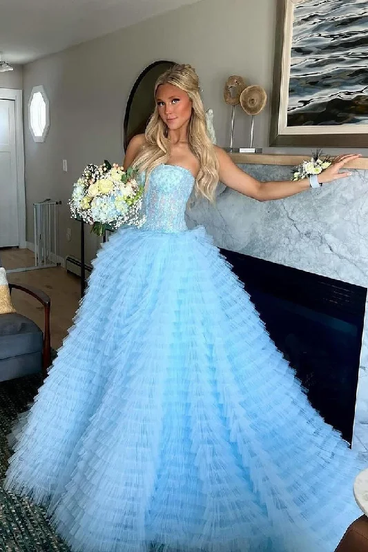 Strapless Light Blue Ruffle Tiered Tulle Prom Dress with Appliques