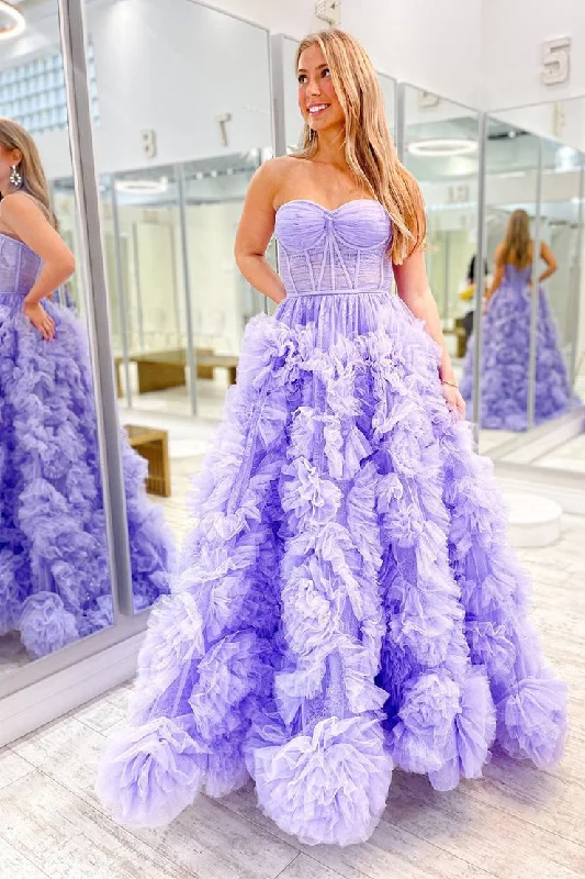 Strapless Lilac Ruffle Tiered Tulle Long Prom Dress