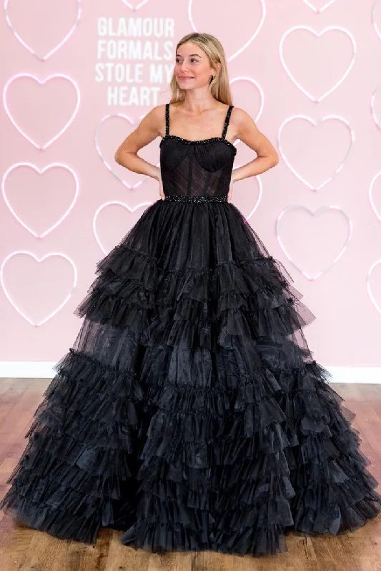 Sweetheart Black Ruffle Tiered Tulle Prom Dress with Beading