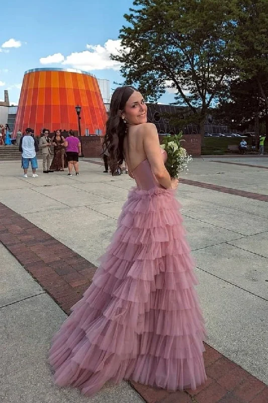 Sweetheart Dusty Pink Tiered Tulle Long Prom Dresses