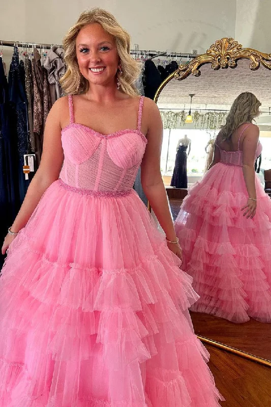 Sweetheart Pink Ruffle Tiered Tulle Prom Dress with Beading