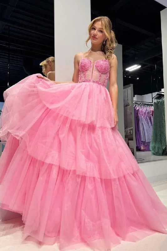 Sweetheart Pink Ruffle Tiered Tulle Prom Dress