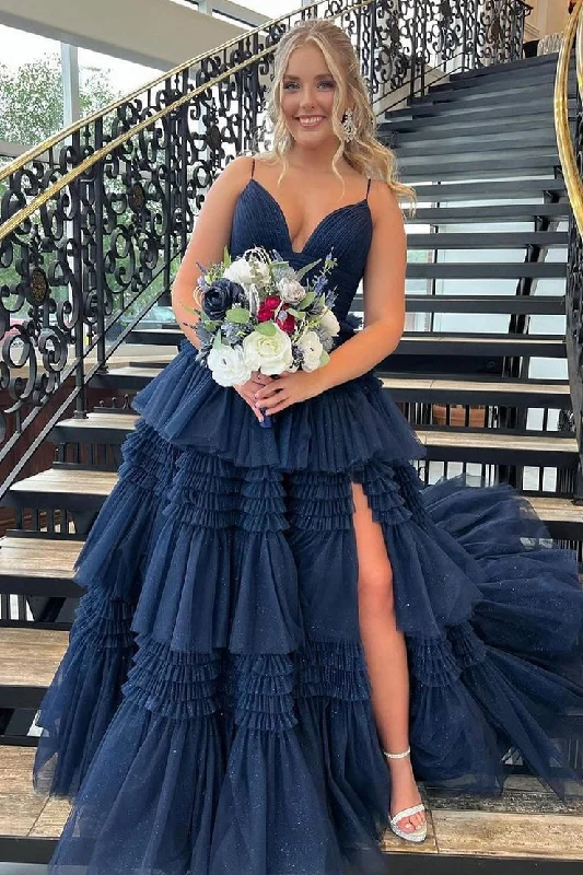 V Neck Navy Blue Ruffle Tiered Tulle Prom Dress with Slit