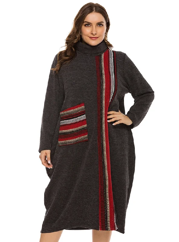 High Neck Contrast Striped Loose Plus Size Dress