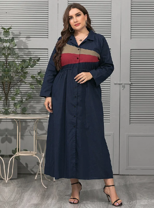 Lapel Single-breasted Geometric Contrast Plus Size Dress