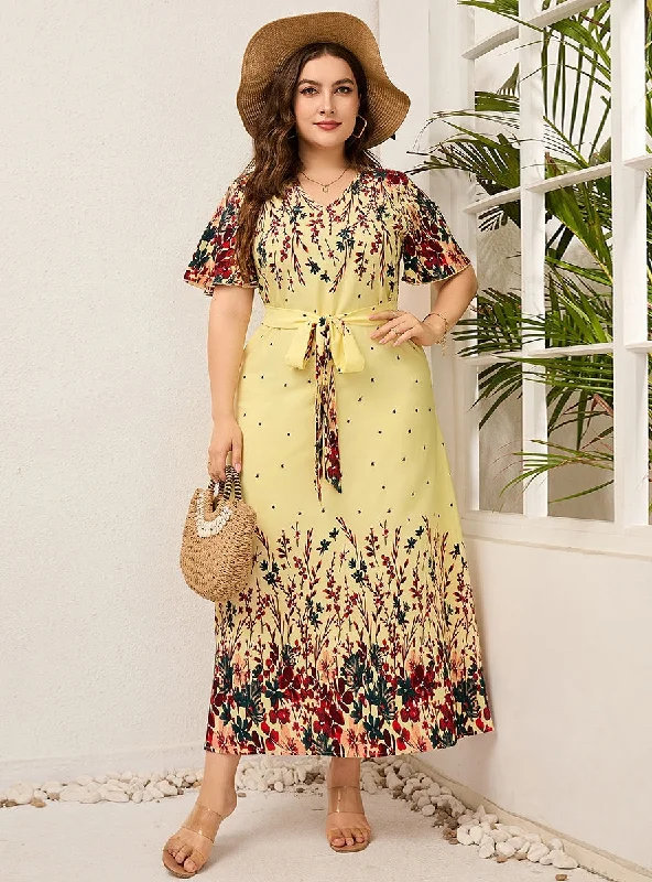 Plus Size Printed Short Sleeve V-neck Dress