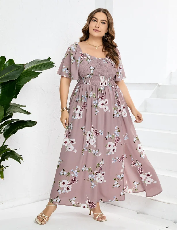 Plus Size Printed Slit Dress