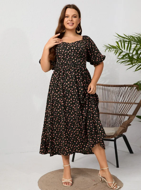 Print Black Square Backless Plus Size Dress